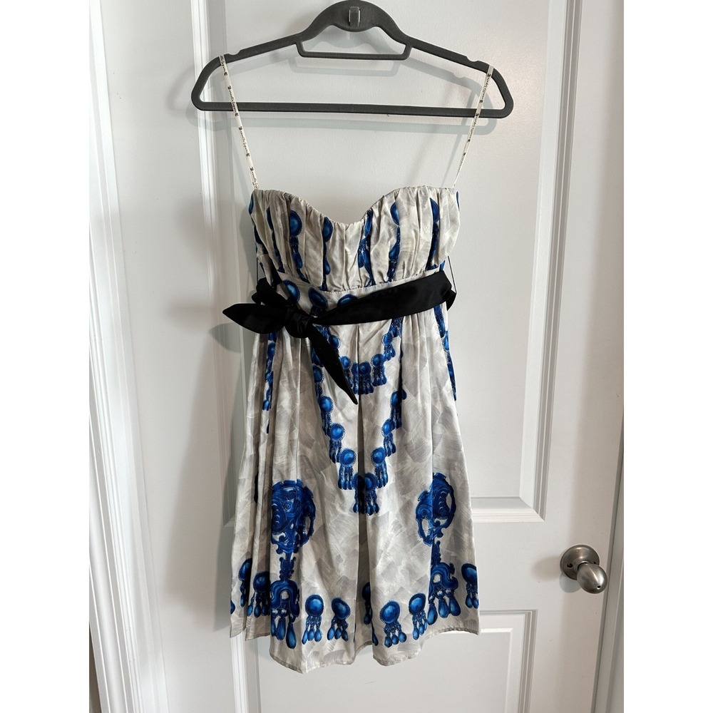 Nanette Lepore Silk Mini Dress Size 2 Silver Blue Sleeveless Bustier Cocktail